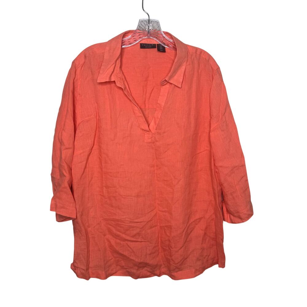 Tahari 100% Linen‎ Tunic Top Women’s 1X Plus Orange Long Sleeve Boho Resort